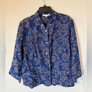 JM Collection Womens Jacket Blue Brown Floral Pattern 3/4 Sleeve Pockets Size 18
